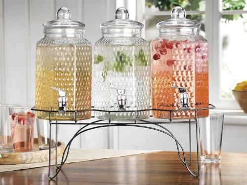 MosJos Drink Dispenser Set of 3 - Beverage Dispenser with Stand - Glass Drink Dispensers for Lemonade, Juice, Water, Iced Tea, Punch - 1-Gallon Countertop Party Drink Dispensers with Large Opening | Amazon (US)