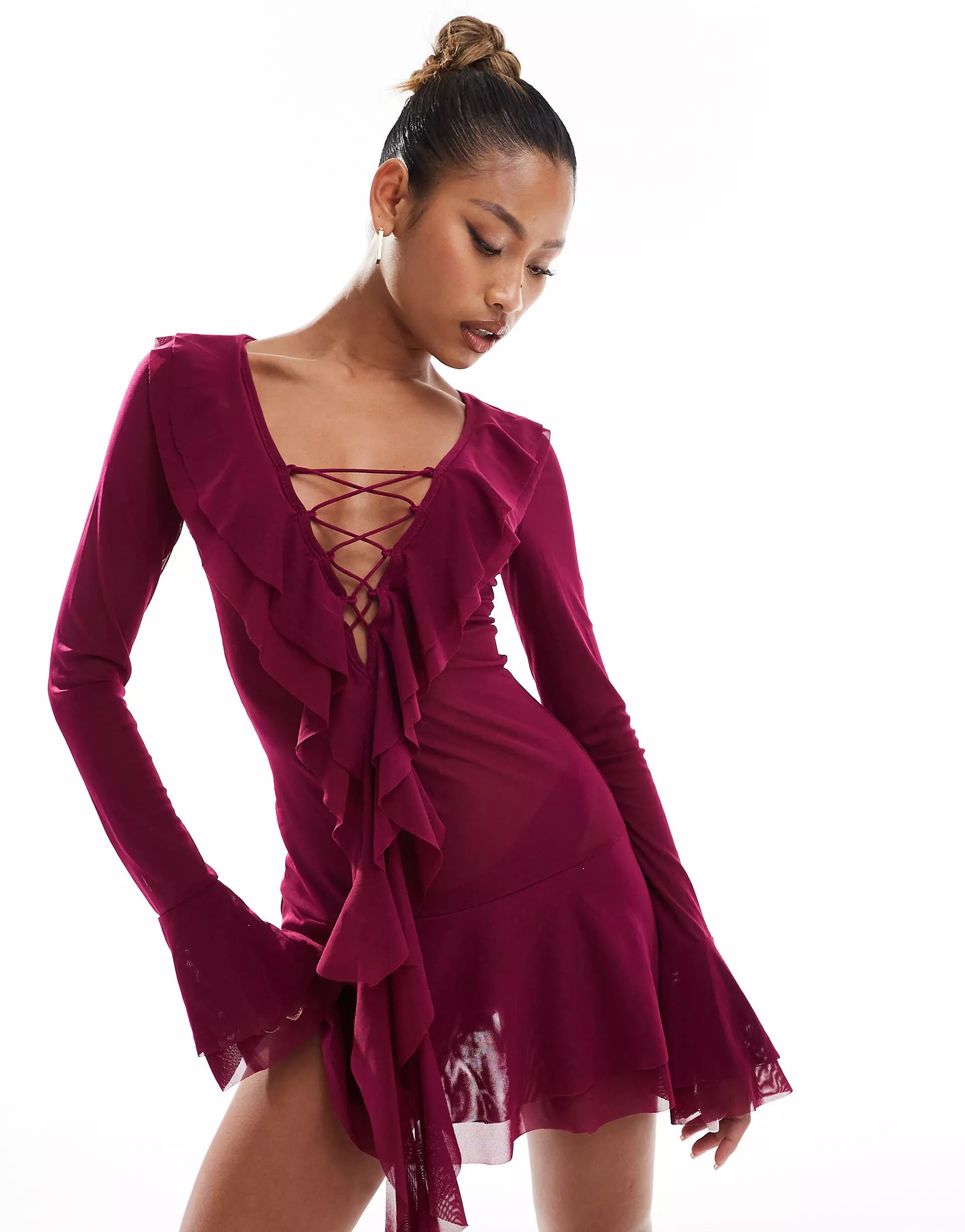 Murci exclusive mesh frill detail lace up plunge ultra mini dress in purple | ASOS (Global)