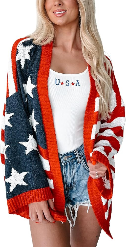 Women's American Flag Sweaters Cardigans 4th of July Long Sleeve Sweater Cardigans Open Front Kni... | Amazon (US)