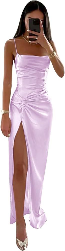 Spaghetti Straps Silk Satin Prom Dress with Slit Knot Long Ball Gown Formal Evening Party Gowns | Amazon (US)