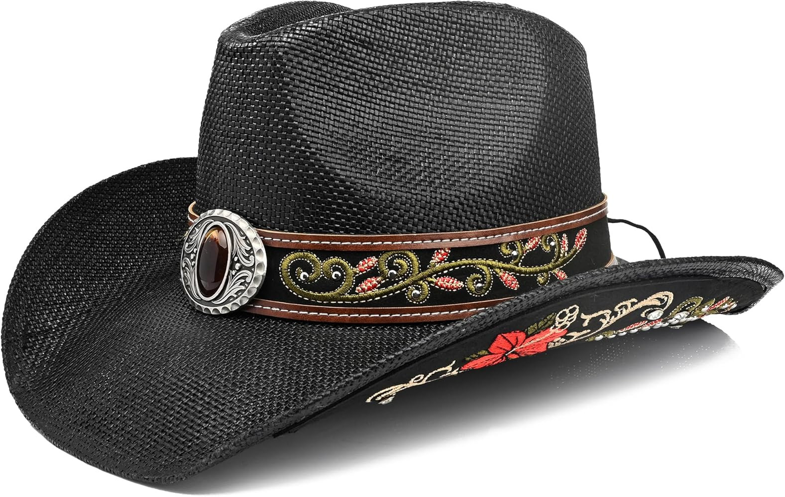 Women's Men's Cowboy Hats,Western Straw Cowgirl Hats,Faux Leather Embroidered Sun Hat | Amazon (US)