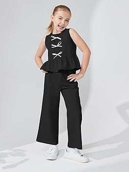 Girls’ Clothing Sets Sleeveless Bow Crop Top Wide Leg Linen Pants 2025 Summer Outfits Cute Kids... | Amazon (US)