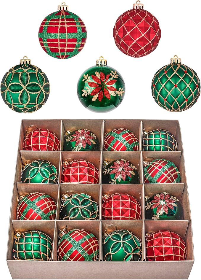 Valery Madelyn Christmas Ornaments Set, 16ct Red Green and Gold Shatterproof Christmas Tree Decor... | Amazon (US)