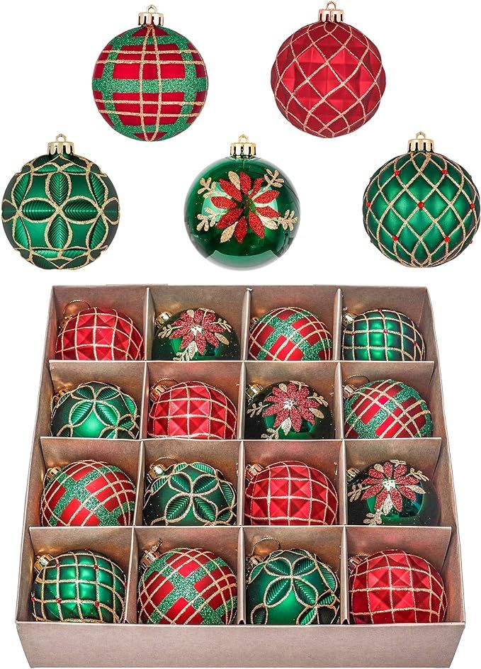 Valery Madelyn 16ct 80mm Traditional Red Green and Gold Christmas Ball Ornaments Decor, Shatterpr... | Amazon (US)