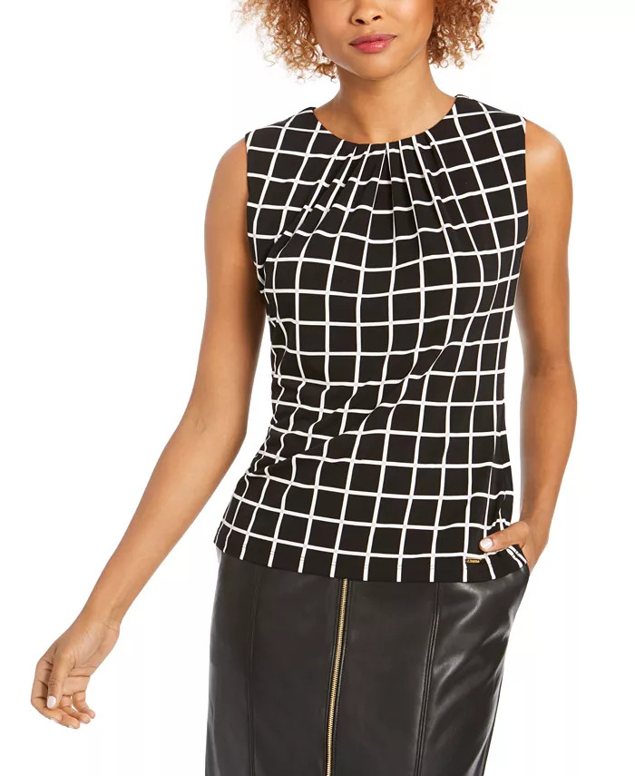 Calvin Klein Printed Pleat-Neck Blouse, Regular and Petite Sizes - Macy's | Macys (US)