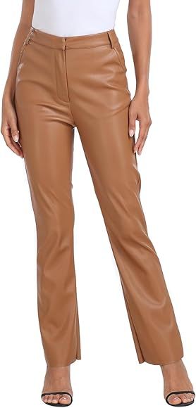 HDE Women's Faux Leather Pants High Waisted Straight Leg Trousers with Pockets | Amazon (US)