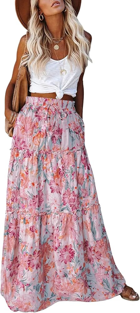 Amazon.com: Trendy Lightweight Drawstring Tiered Ruffles Paisley Hippie Plus Size Bohemian Long M... | Amazon (US)
