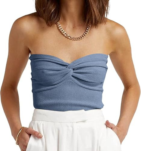 EFAN Womens Tube Tops Summer Outfits 2025 Casual Beach Vacation Clothes Sweaters Strapless Sleeveless Tank Tops Grey Blue L | Amazon (US)