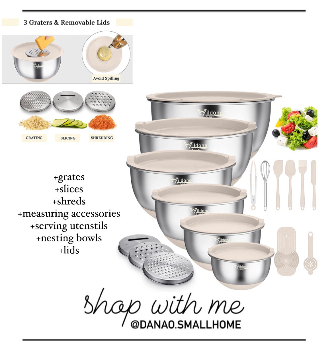 Mixing bowl set, nesting silicone bowls with lids, grater, slicer, shredder, beige bowls with lids, beige measuring cups and spoons, beige utensils, modern kitchen, house warming gift, amazon kitchen

#LTKsalealert #LTKhome #LTKunder50