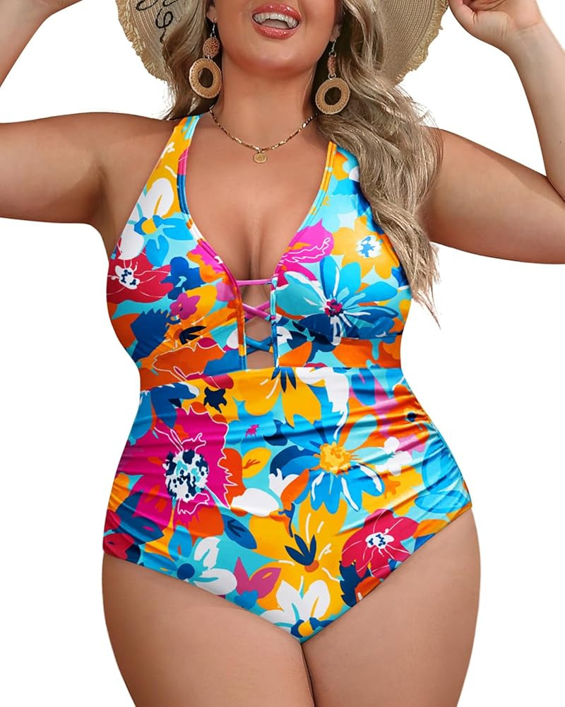 Yonique Women Plus Size One Piece Swimsuit Tummy Control Bathing Suits Lace up Plunge Swimwear | Amazon (US)