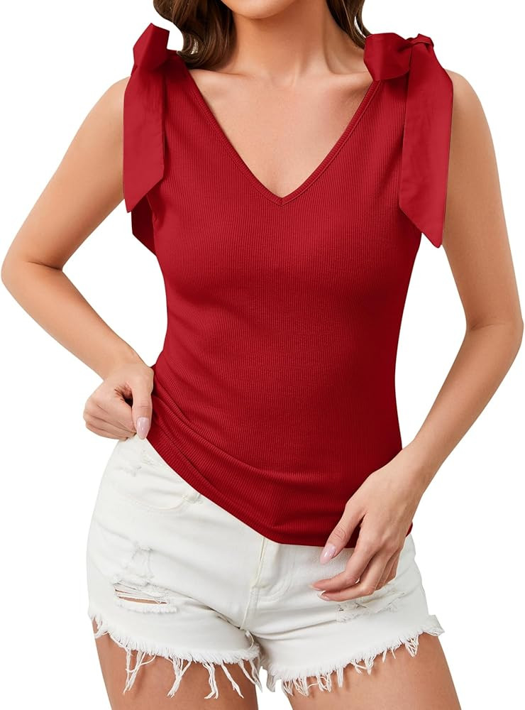 Women Bow Tie Shoulder Strap Knit Tank Tops Summer Sleeveless V-Neck Slim Fitted Casual Tunic Cam... | Amazon (US)