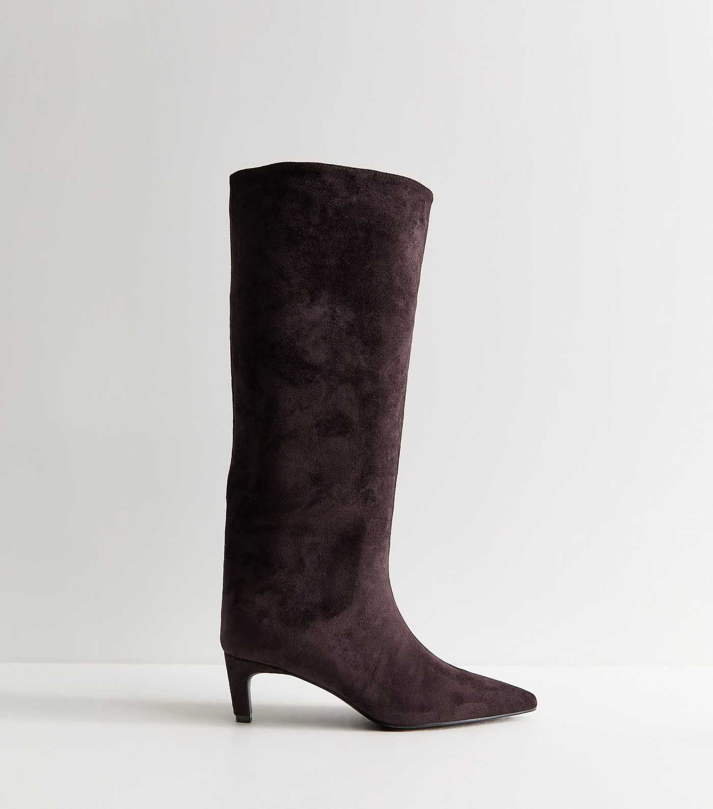 Dark Burgundy Faux Suede Kitten Heel Knee High Boots | New Look | New Look (UK)