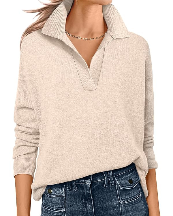 ANRABESS Womens Polo V Neck Long Sleeve Sweaters Lightweight Dressy Casual Business Basic Knit Pu... | Amazon (US)
