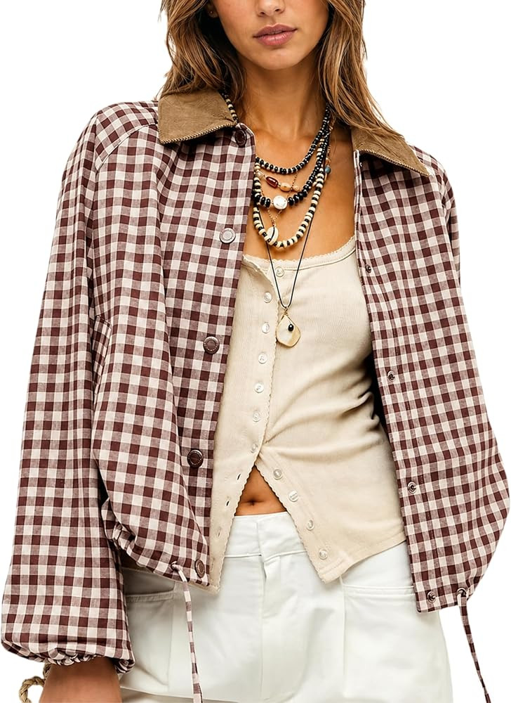 Womens Gingham Plaid Cropped Jacket Corduroy Collar Bomber Jacket | Amazon (US)