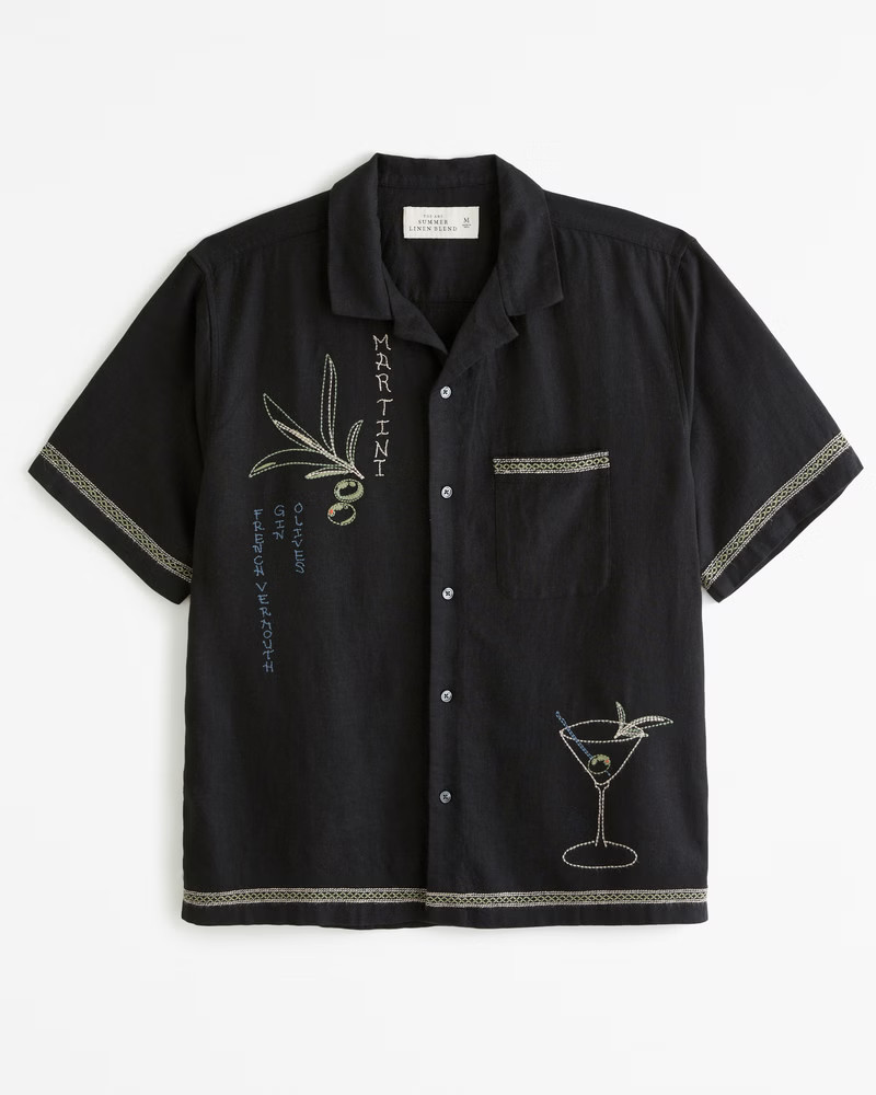 Men's Camp Collar Summer Linen-Blend Embroidered Graphic Shirt | Men's Tops | Abercrombie.com | Abercrombie & Fitch (US)