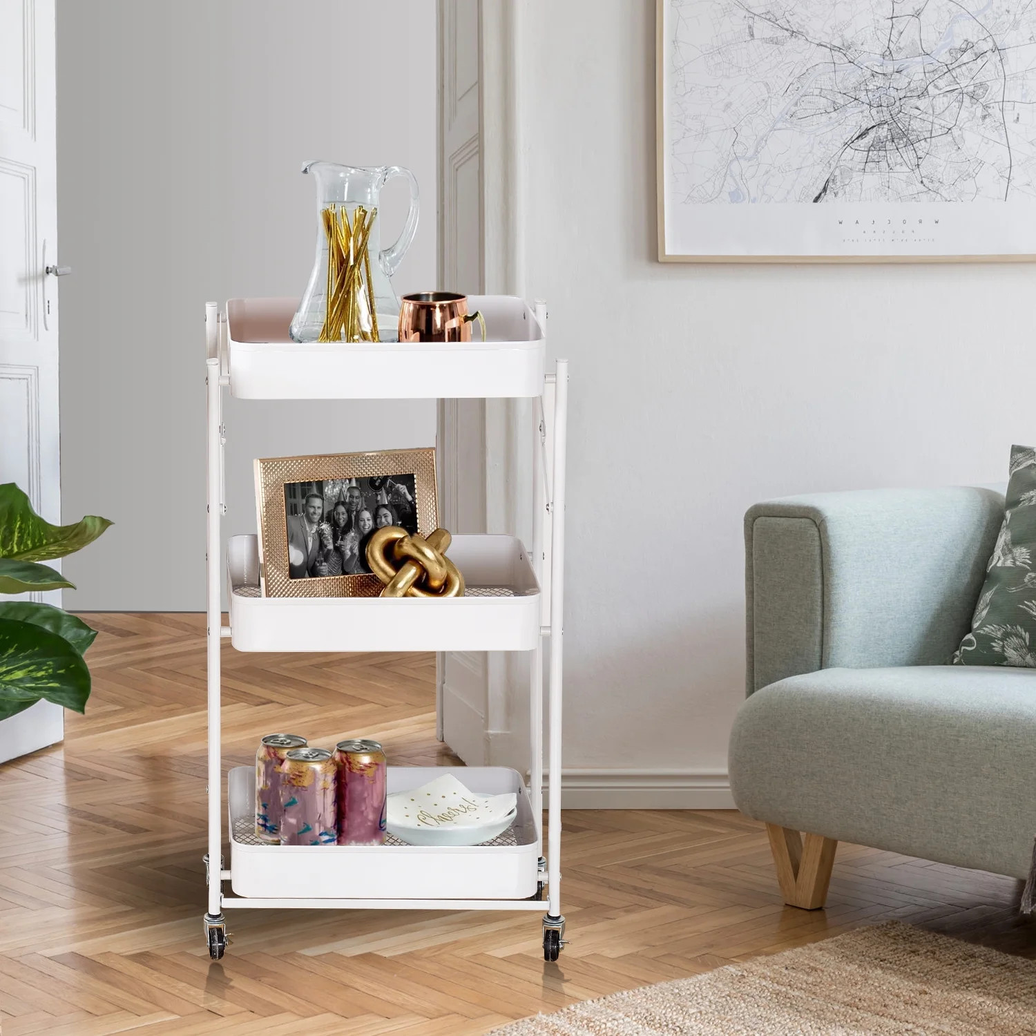 EPOWP Foldable Storage Cart, 3 Tier Metal Rolling Cart Utility Cart Foldable Bar Cart Instant Use... | Walmart (US)