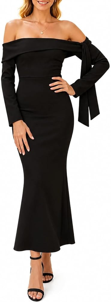 chicyes Women's Off Shoulder Bodycon Maxi Dress 2026 Long Sleeve Elegant Formal Wedding Guest Coc... | Amazon (US)