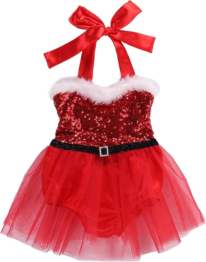 fioukiay Newborn Baby Girl Christmas Romper Sequins Dress Christmas Outfit Lace Tulle Tutu Party ... | Amazon (US)