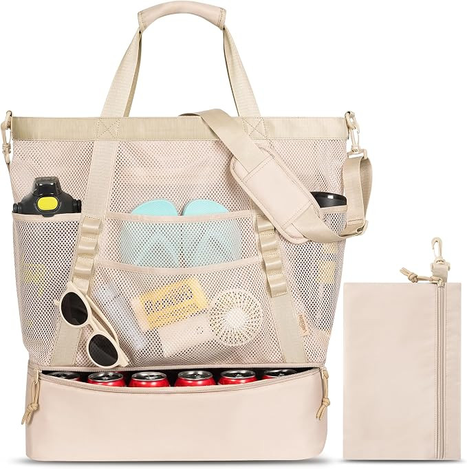 Large Beach Bag with Cooler Mesh Beach Tote for Women Insulated Pool Bag | Amazon (US)