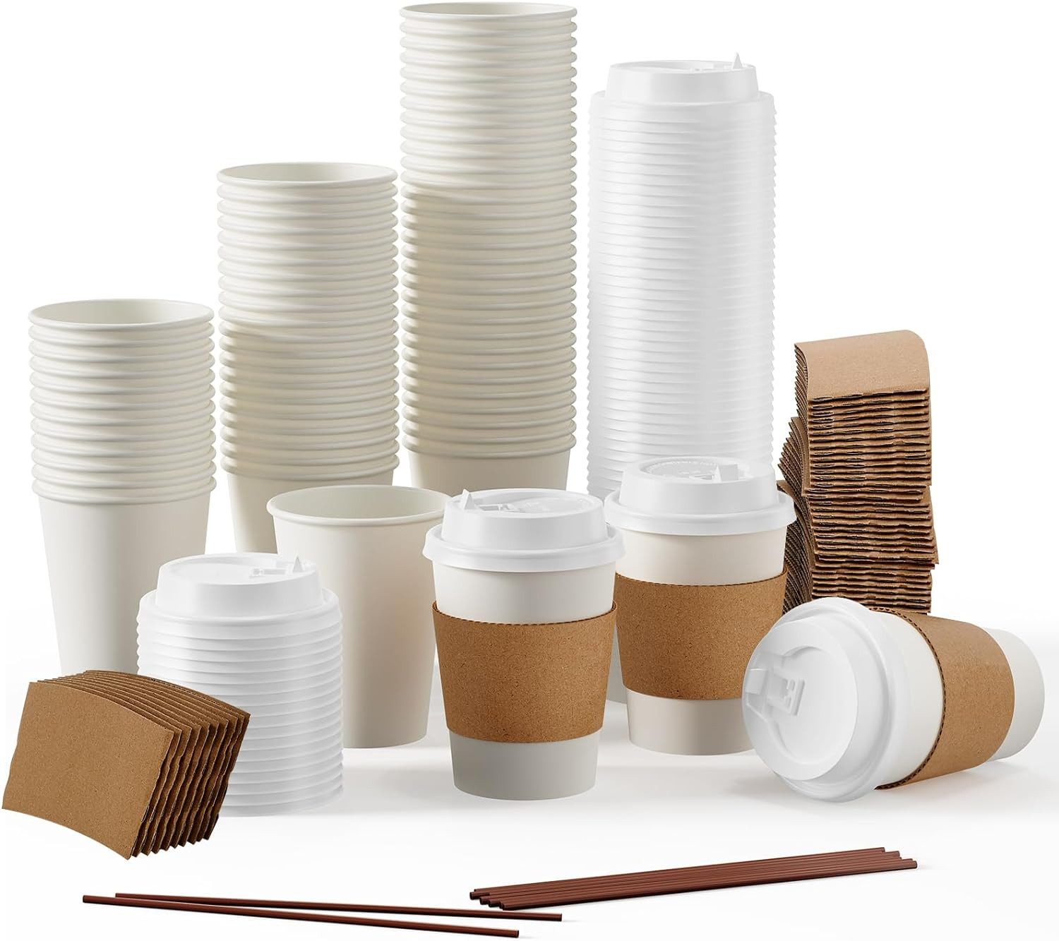 [100 Pack] 12 oz Paper Coffee Cups, Disposable Paper Coffee Cup with Lids, Sleeves, and Stirrers,... | Amazon (US)