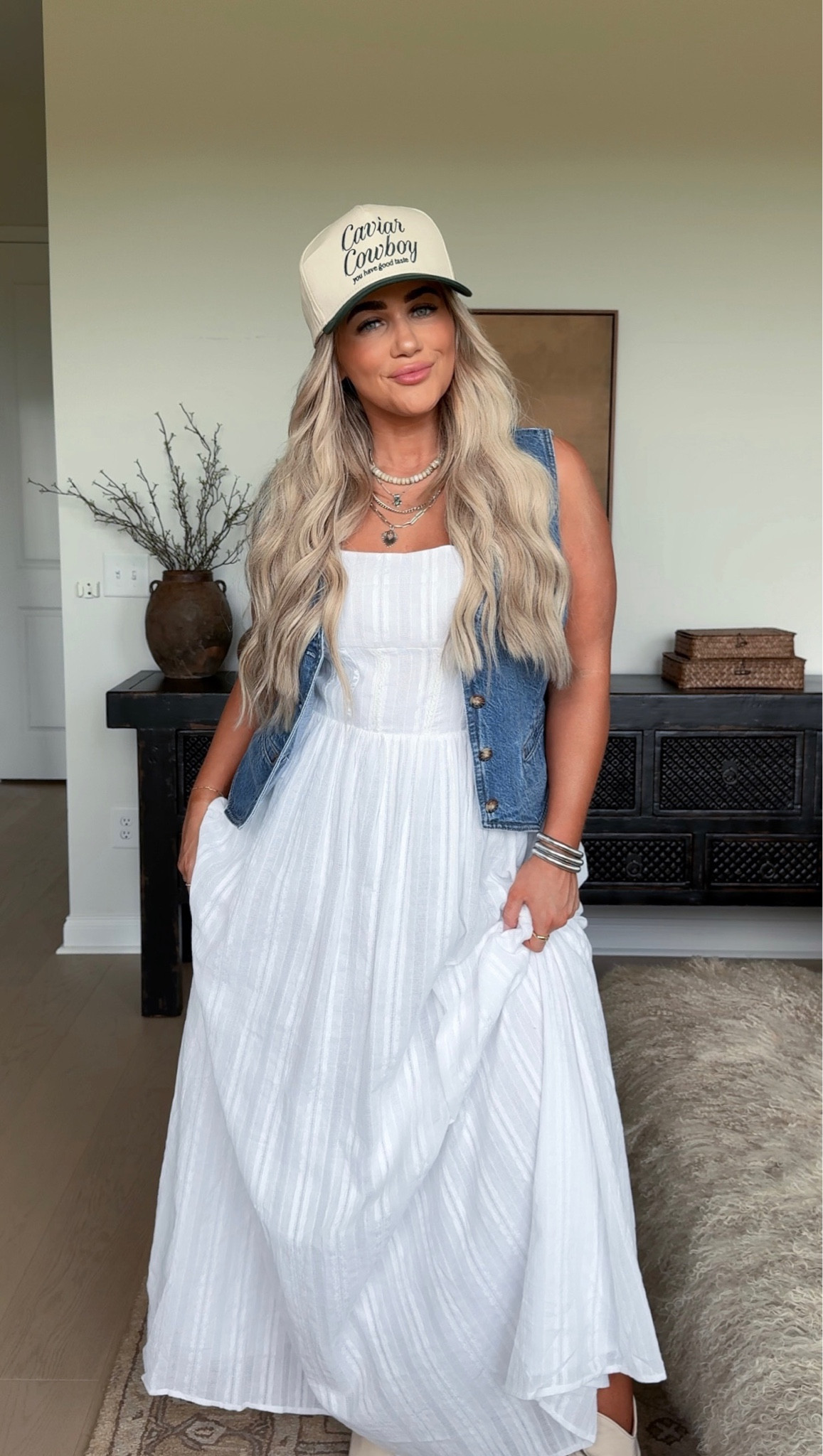 white dress with denim vest Denim Vest with White Dress