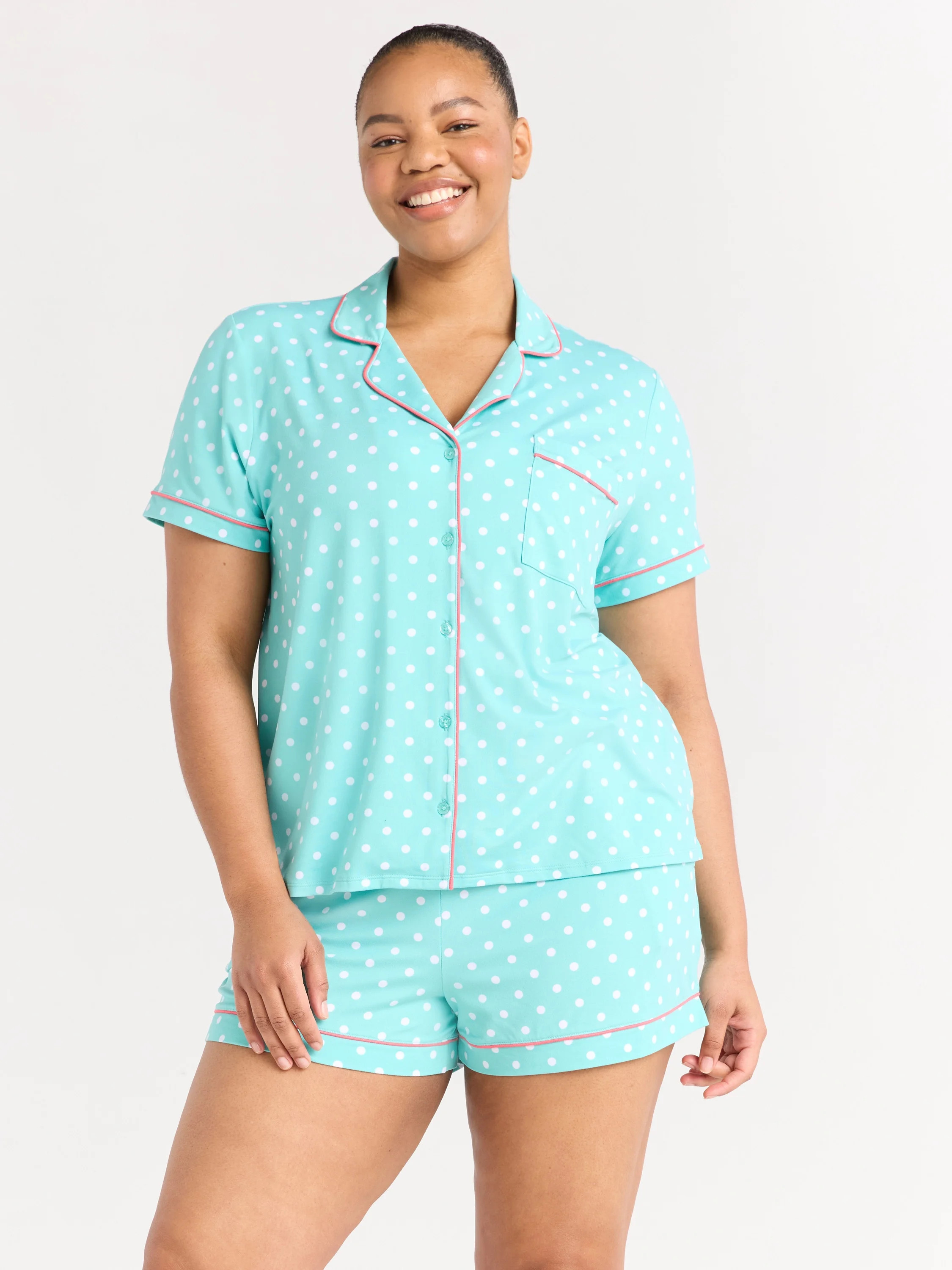 Joyspun Women’s Short Sleeve Knit Notch Collar Top and Shorts Pajama Set, 2-Piece, Sizes XS-3X | Walmart (US)