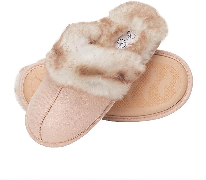 Jessica Simpson Women's Comfy Faux Fur House Slipper Scuff Memory Foam Slip on Anti-Skid Sole | Amazon (US)