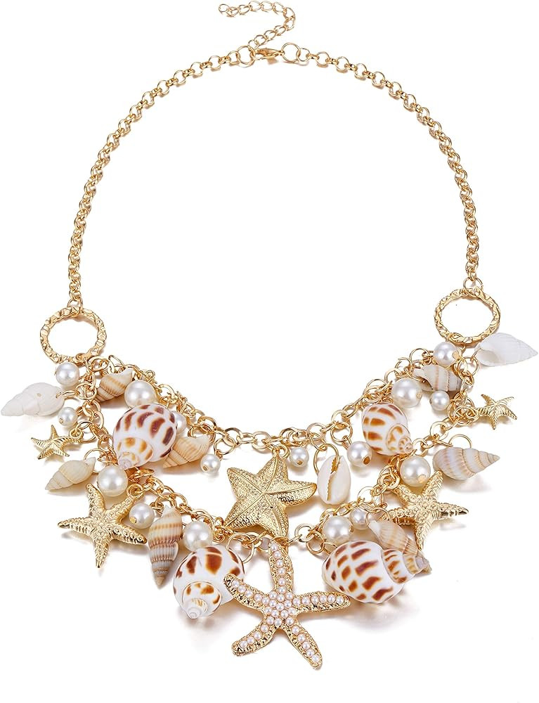 Shell Necklace Choker Mermaid Tail Necklace - Fashion Sea Shell Starfish Faux Pearl Collar Bib State | Amazon (US)