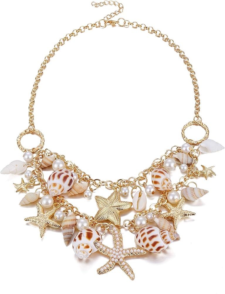 Shell Necklace Choker Mermaid Tail Necklace - Fashion Sea Shell Starfish Faux Pearl Collar Bib State | Amazon (US)