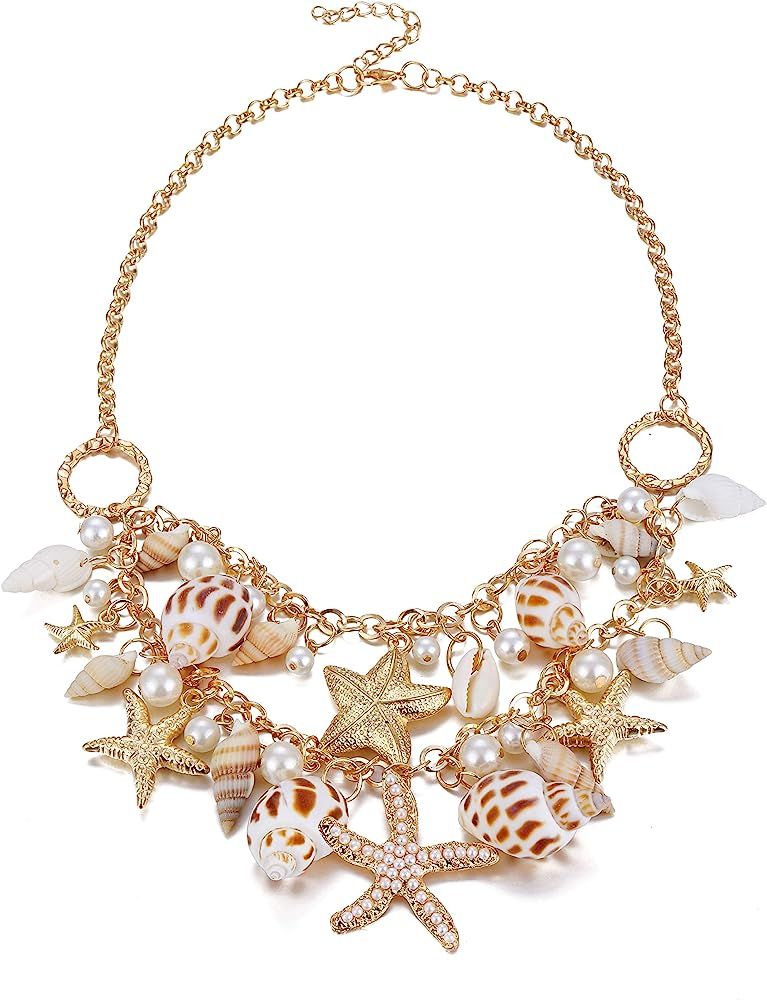 Shell Necklace Choker Mermaid Tail Necklace - Fashion Sea Shell Starfish Faux Pearl Collar Bib State | Amazon (US)