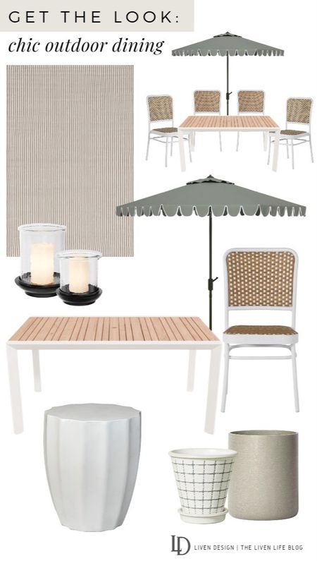 Outdoor dining. White and wood outdoor dining table. Woven white outdoor dining chair. Outdoor rug. Outdoor planters. Outdoor candle hurricanes. Outdoor scalloped patio umbrella. Outdoor white accent table garden stool. 

#LTKSeasonal #LTKhome #LTKstyletip