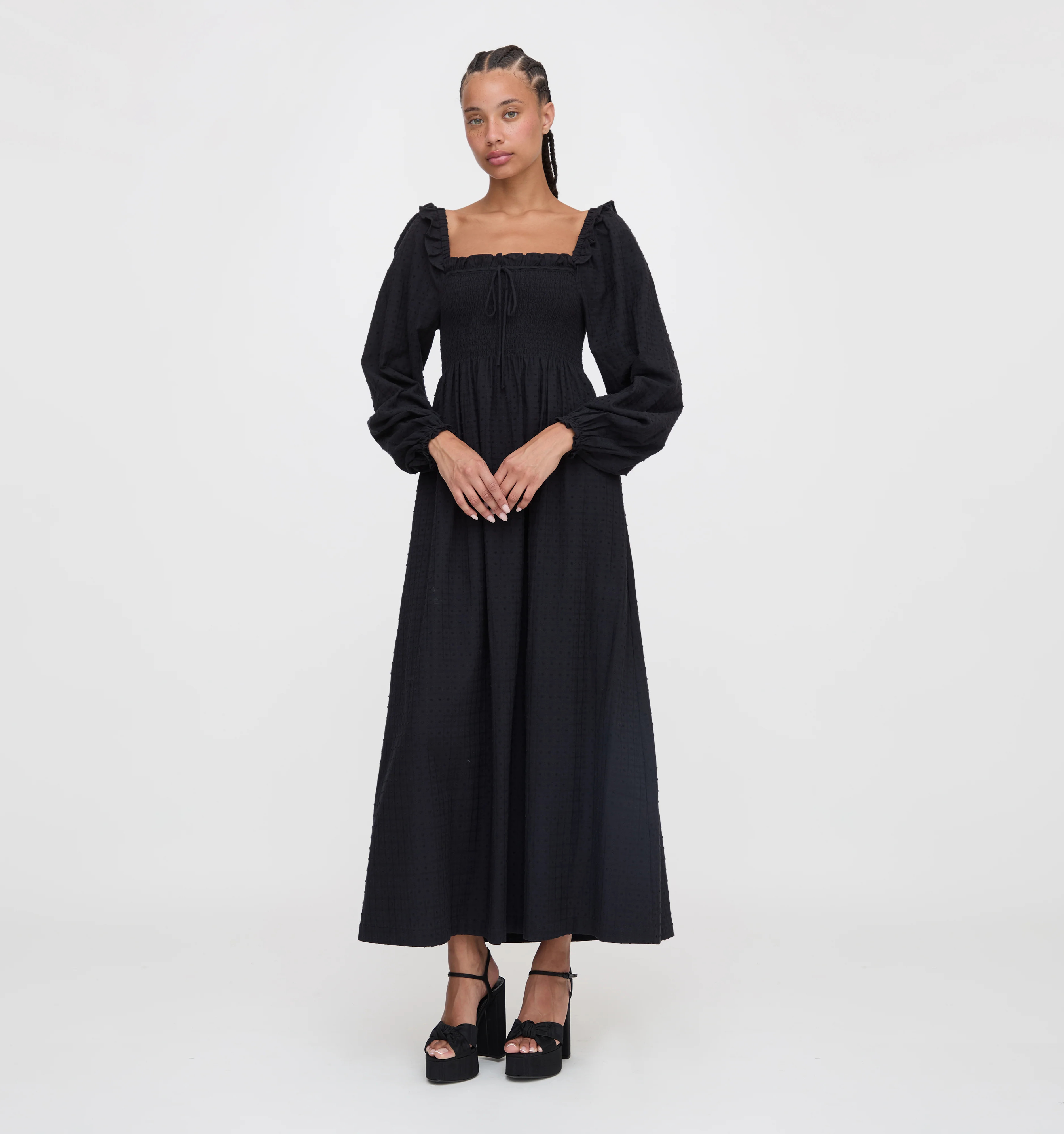 The Scarlett Long Sleeve Nap Dress - Black Textured Dot | Hill House Home US