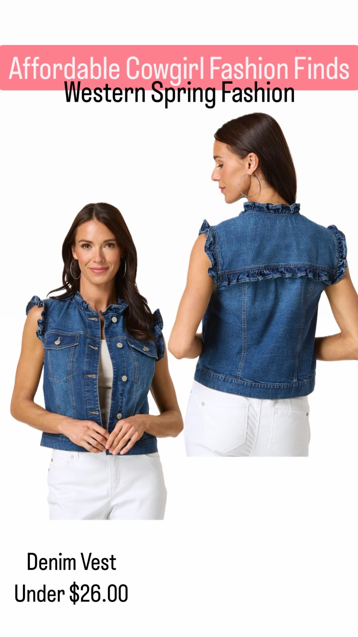 Western fashion, western must haves, western look, Cato fashion, cowgirl look, cowgirl finds, denim vest, denim must haves, spring denim finds, affordable western wear, ruffle sleeve vest

#LTKStyleTip #LTKSeasonal #LTKFindsUnder50