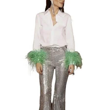 Ma&Baby Women Long Sleeve Feather Trim Cardigan Top Faux Fur Cuffs Button Down Shirts | Walmart (US)