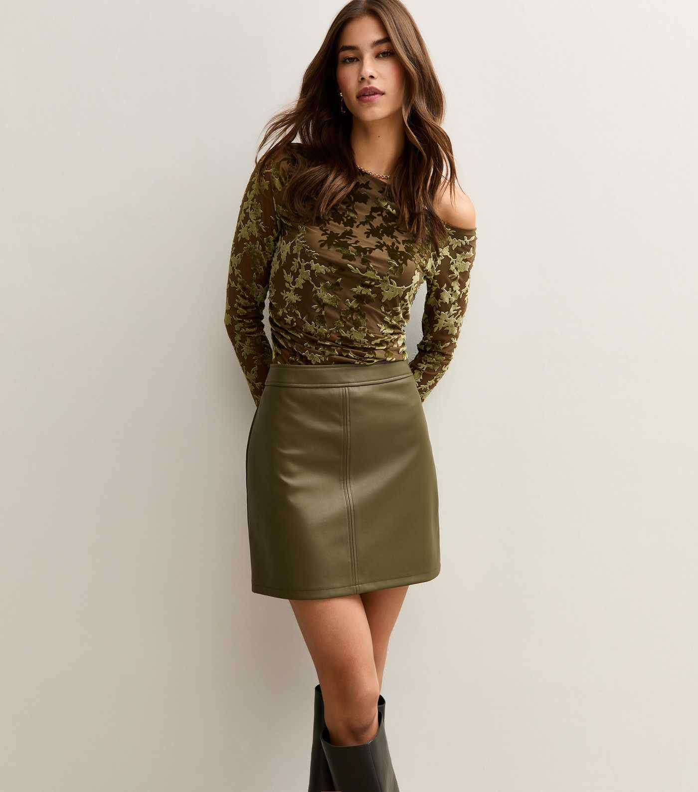 Light Khaki Faux Leather A-Line Mini Skirt | New Look | New Look (UK)