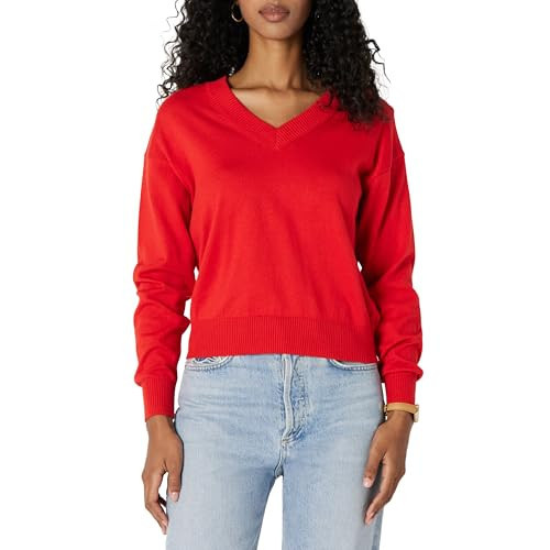 Amazon Essentials Women's Regular-Fit Lightweight V-Neck Cropped Sweater, Bright Poppy Red, XX-Large | Amazon (US)