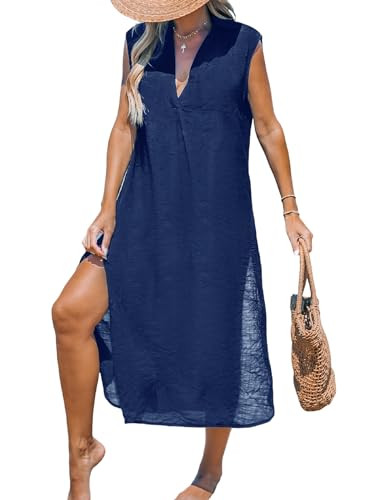 CUPSHE Women's Swimsuit Coverup Casual Sleeveless Side Split Long Cardigans V Neck Midi Beach Dre... | Amazon (US)