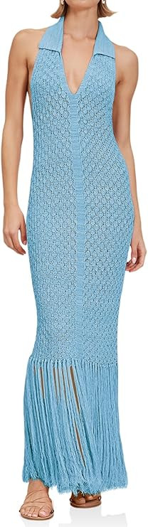 Saodimallsu Womens Halter Crochet Cover Up Fringe Sexy Backless Sleeveless V Neck Collared Vacati... | Amazon (US)