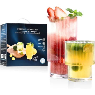 Ribbed Glassware Set Of 12,Glass Cups 12 Oz And 7 Oz,Fluted Glassware,Ribbed Drinking Glasses,Stackable Glasses,Ripple Glassware,Gift Box Set | Wayfair North America