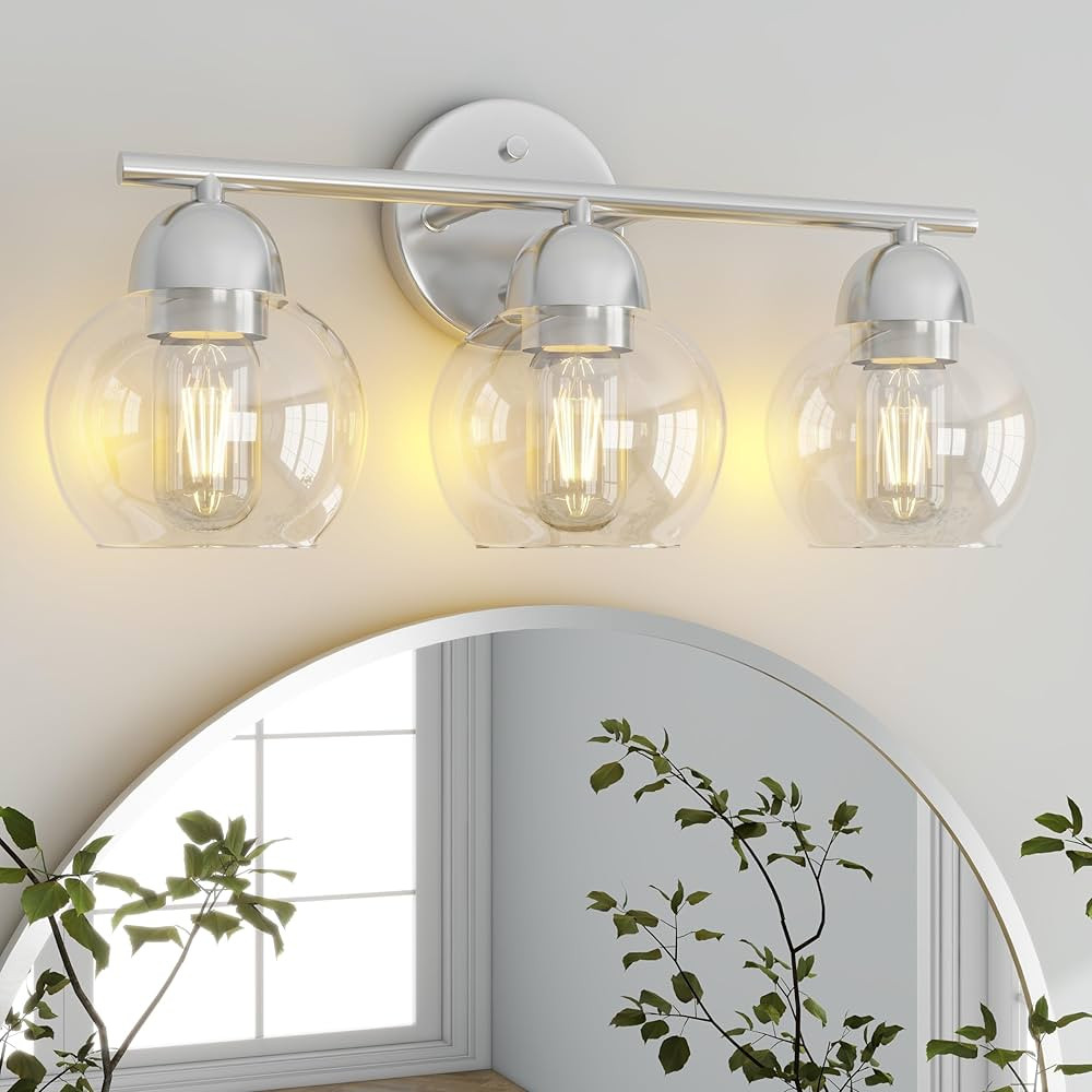 Bathroom Vanity Light Fixtures, 3-Light Brushed Nickel Vanity Lighting Fixtures with Globe Glass ... | Amazon (US)