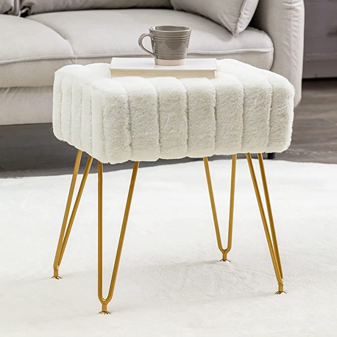 Modern Mink Square Footstool Ottoman Bench, White Faux Fur Vanity Stool with Gold Legs, Comfy Van... | Amazon (US)
