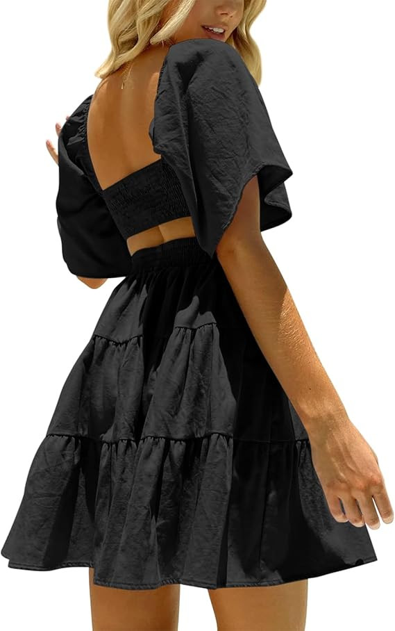 Women's Summer Dress Square Neck Short Sleeve Loose Backless Casual A-Line Party Mini Dresses | Amazon (US)