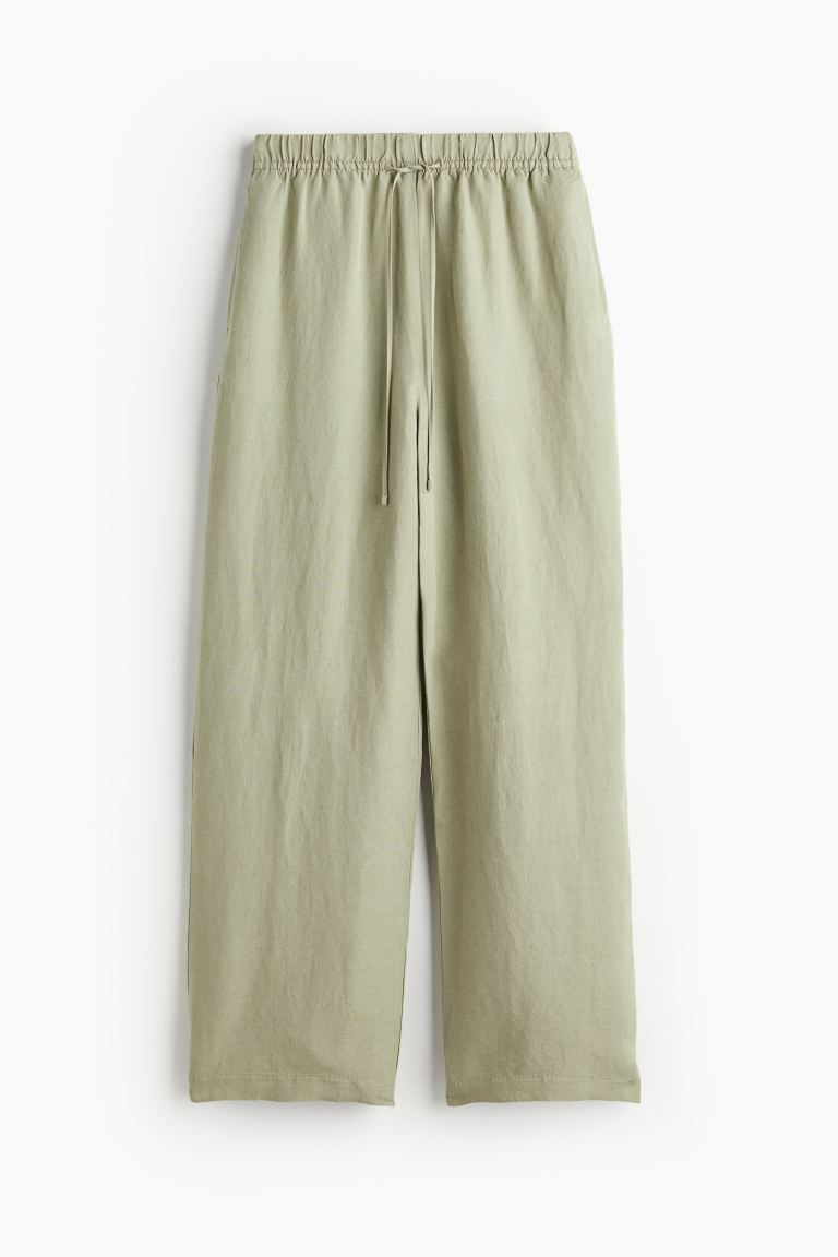 Linen-blend pull-on trousers - Light khaki green - Ladies | H&M GB | H&M (UK, MY, IN, SG, PH, TW, HK)