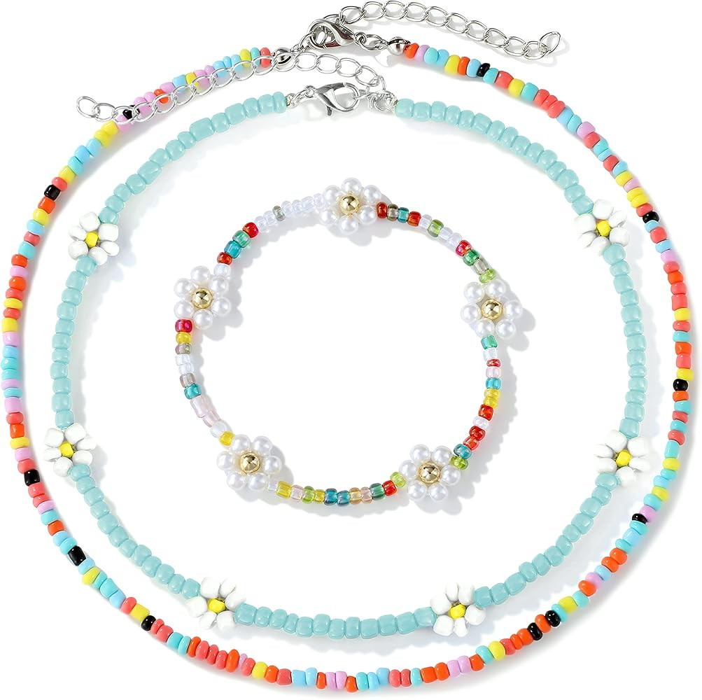 Buleens Seed Beaded Necklace Set For Women Summer Colorful Bead Necklaces Girls Beach Rainbow Smi... | Amazon (US)