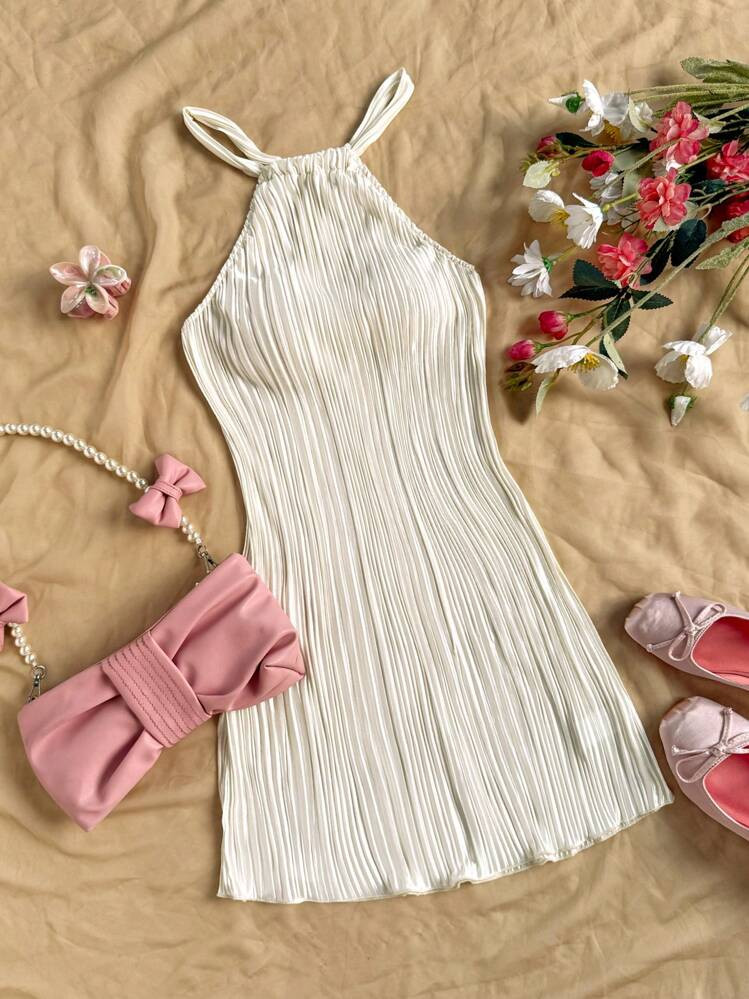 Soleia Neck Tied Fitted Solid Color Pleated Mini Dress,Summer Dresses For Women | SHEIN