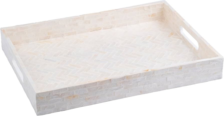 PEMAR Handmade Capiz Shell Decorative Serving Tray – Mother of Pearl Finish Herringbone Mosaic ... | Amazon (US)