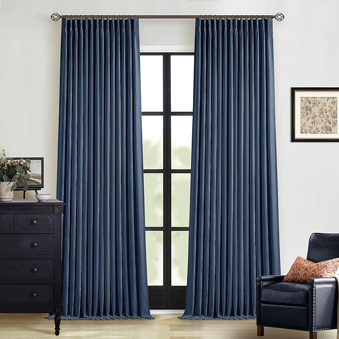 Indigo Navy Pleated Linen Blackout Curtains 90 Inches Long for Bedroom Living Room Pinch Pleat Bl... | Amazon (US)