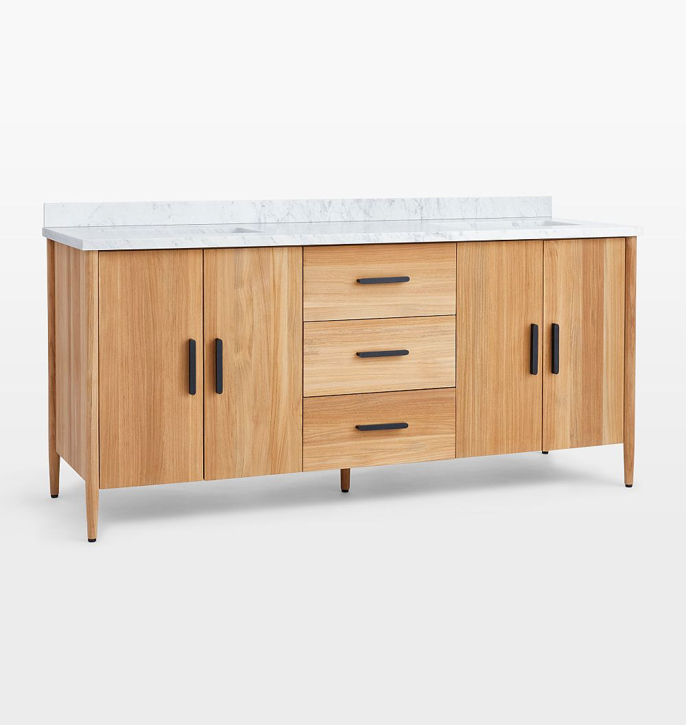 Shaw 72"" Teak Double Vanity , 72"" - Carrara Marble - Bowman 6"" - Oil-Rubbed Bronze | Rejuvenation