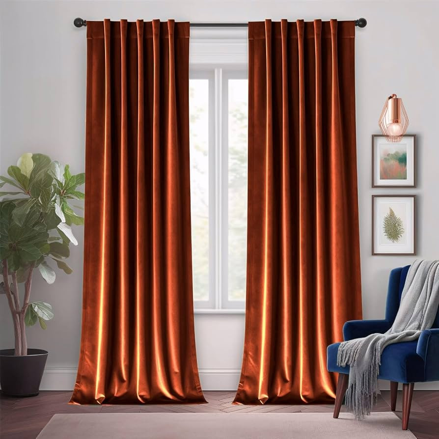 Burnt Orange Velvet Curtains 96 inch, Super Soft Window Drapes with Pleat Tape for Living Room, L... | Amazon (US)
