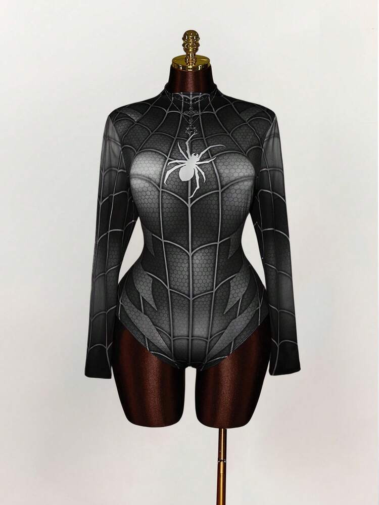 Amplova Plus Size Spider Print Fitted Bodysuit With Stand Collar And Raglan Sleeves Halloween Cos... | SHEIN